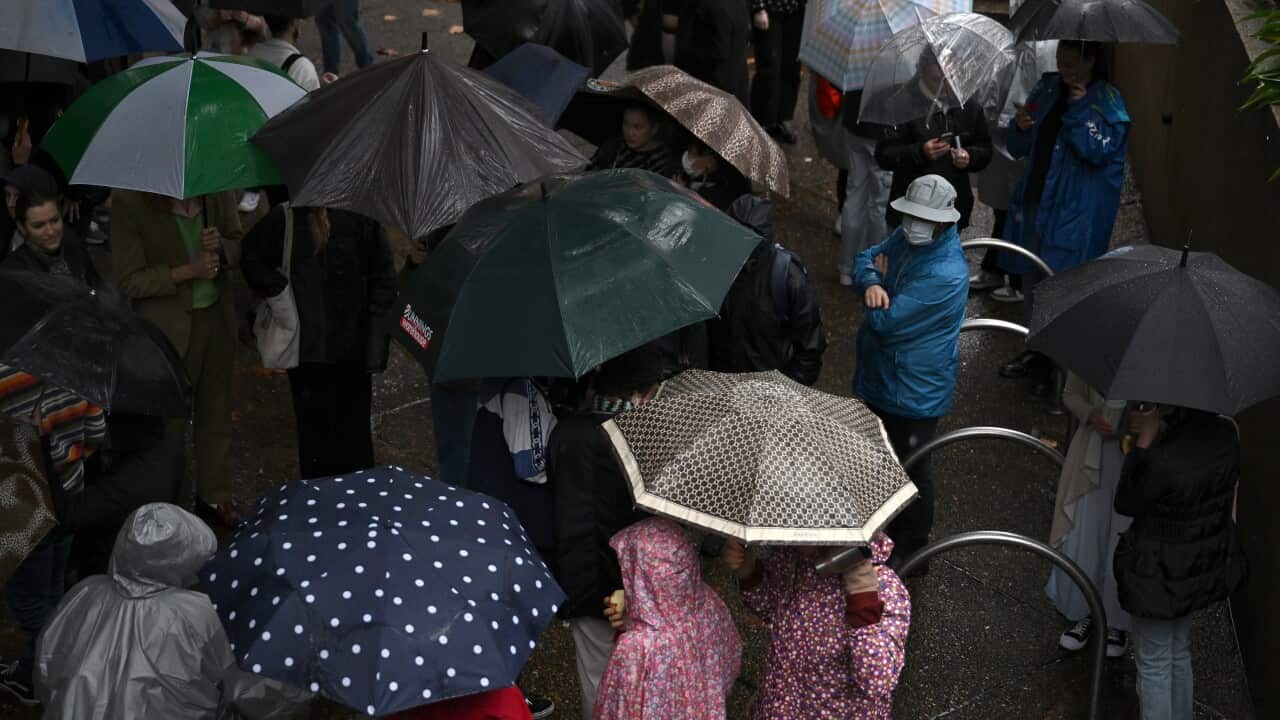 A crowd of people, many of whom are holding umbrellas.