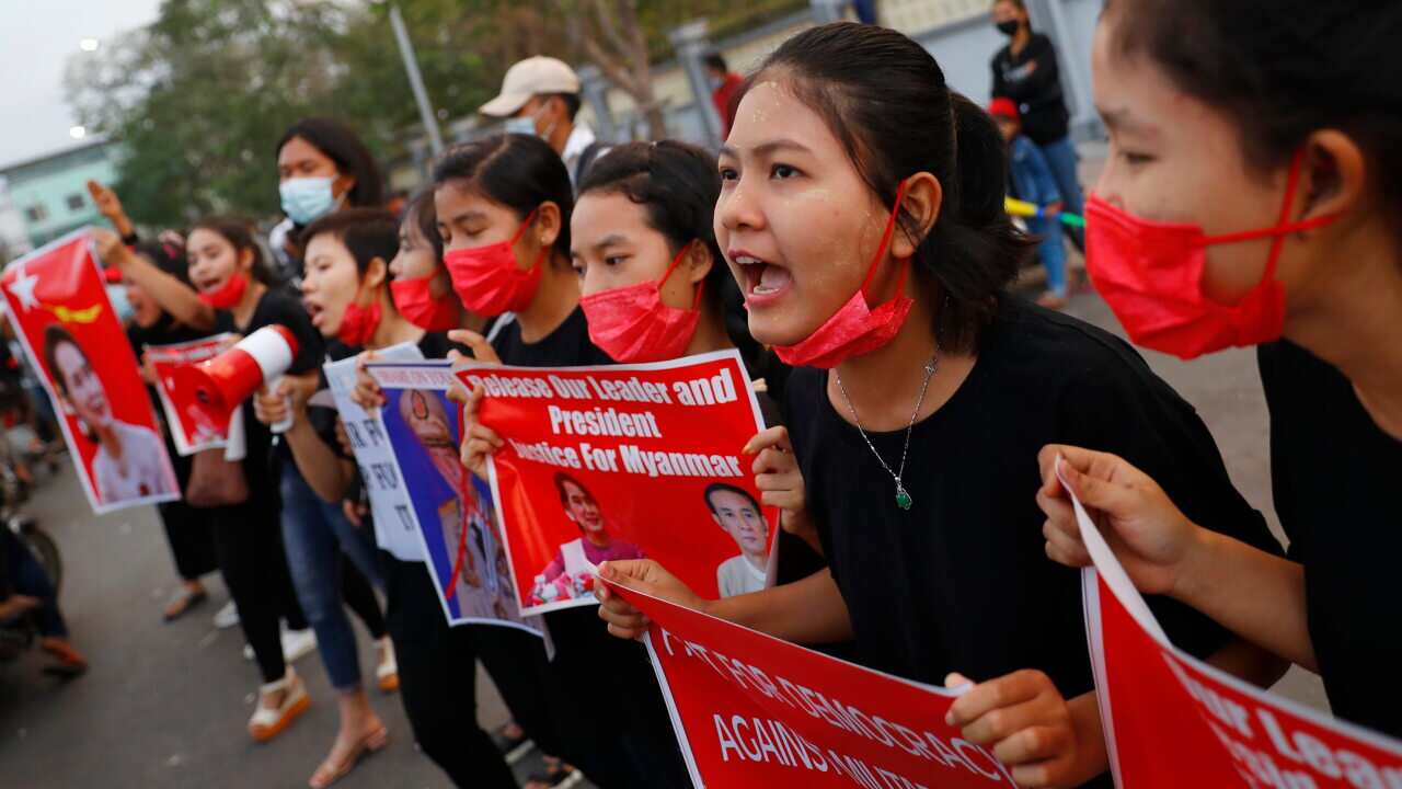 Protesters shout during demonstrations in Mandalay, Myanmar on Monday, 8 February, 2021.