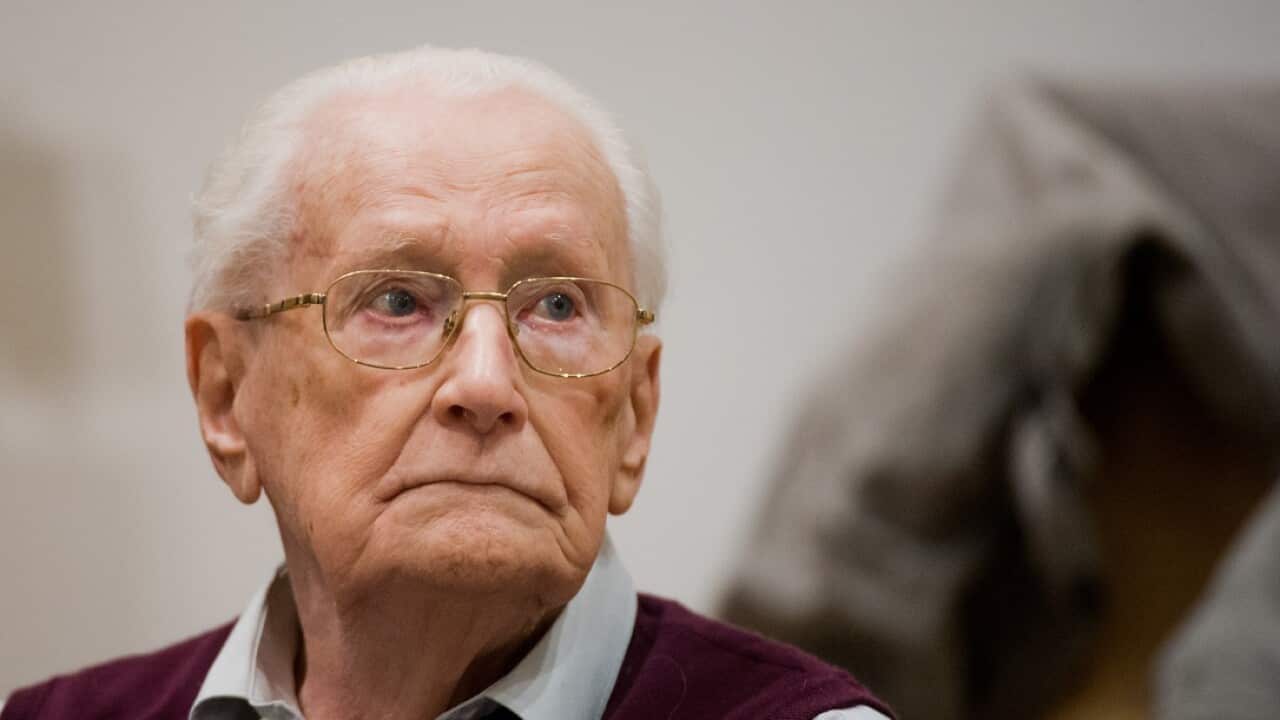 Oskar Groening sits in the court room in Lueneburg, Germany, 23 April 2015. Groening, 96, convicted in 2015 as an accessory to the murder.