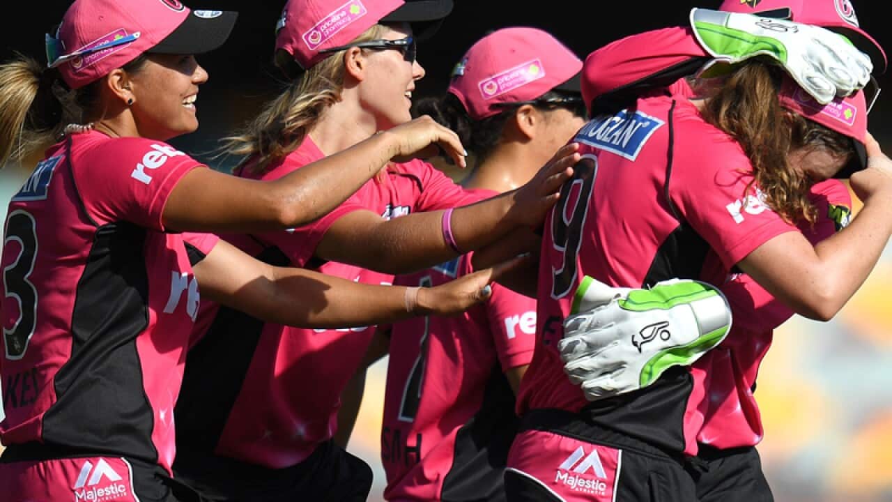 Sixers players celebrate after a wicket