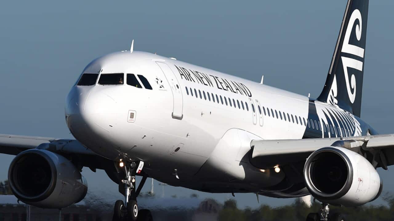 An Air New Zealand Airbus aircraft is seen landing at Sydney Airport
