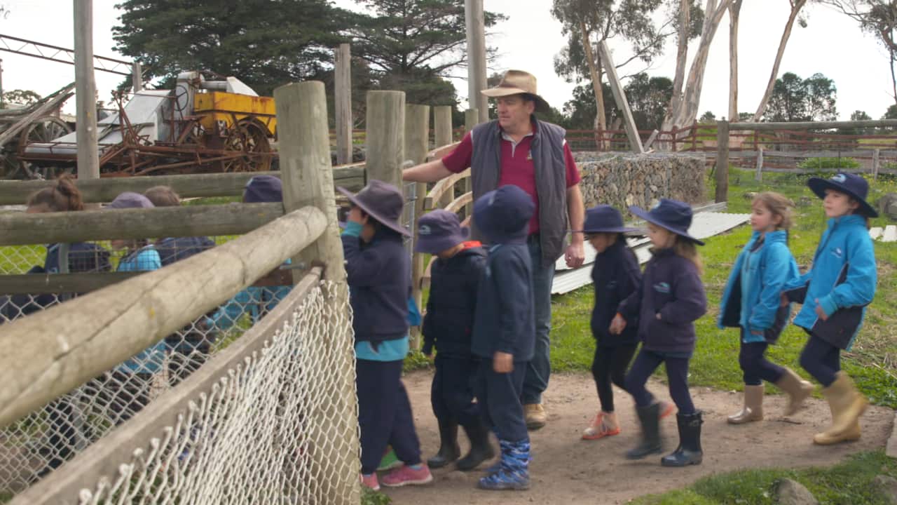 Laurie Pincini taking primary school students around Animal Land.