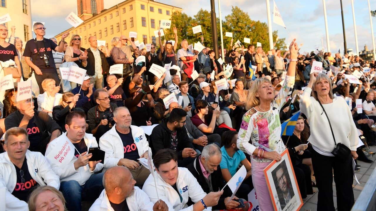 Party supporters at an election rally for the Sweden Democrats in central Stockholm.