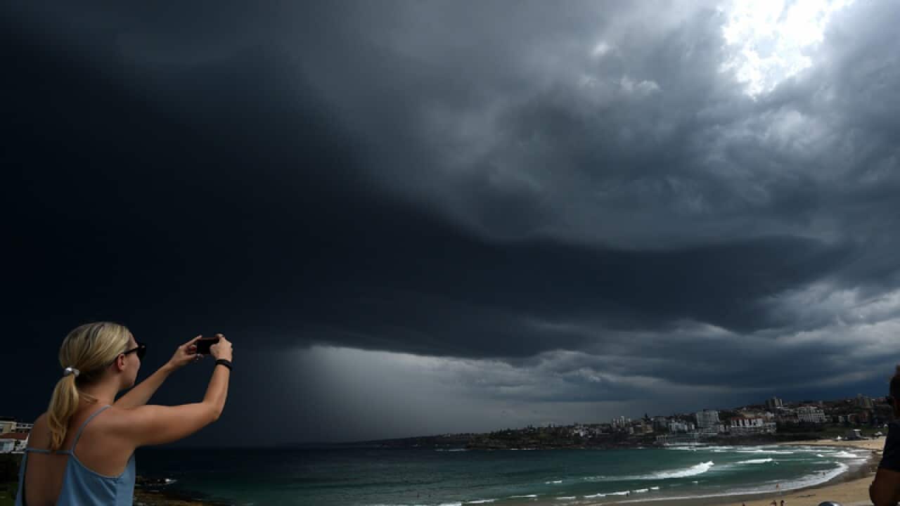 storm clouds build over Bondi beach