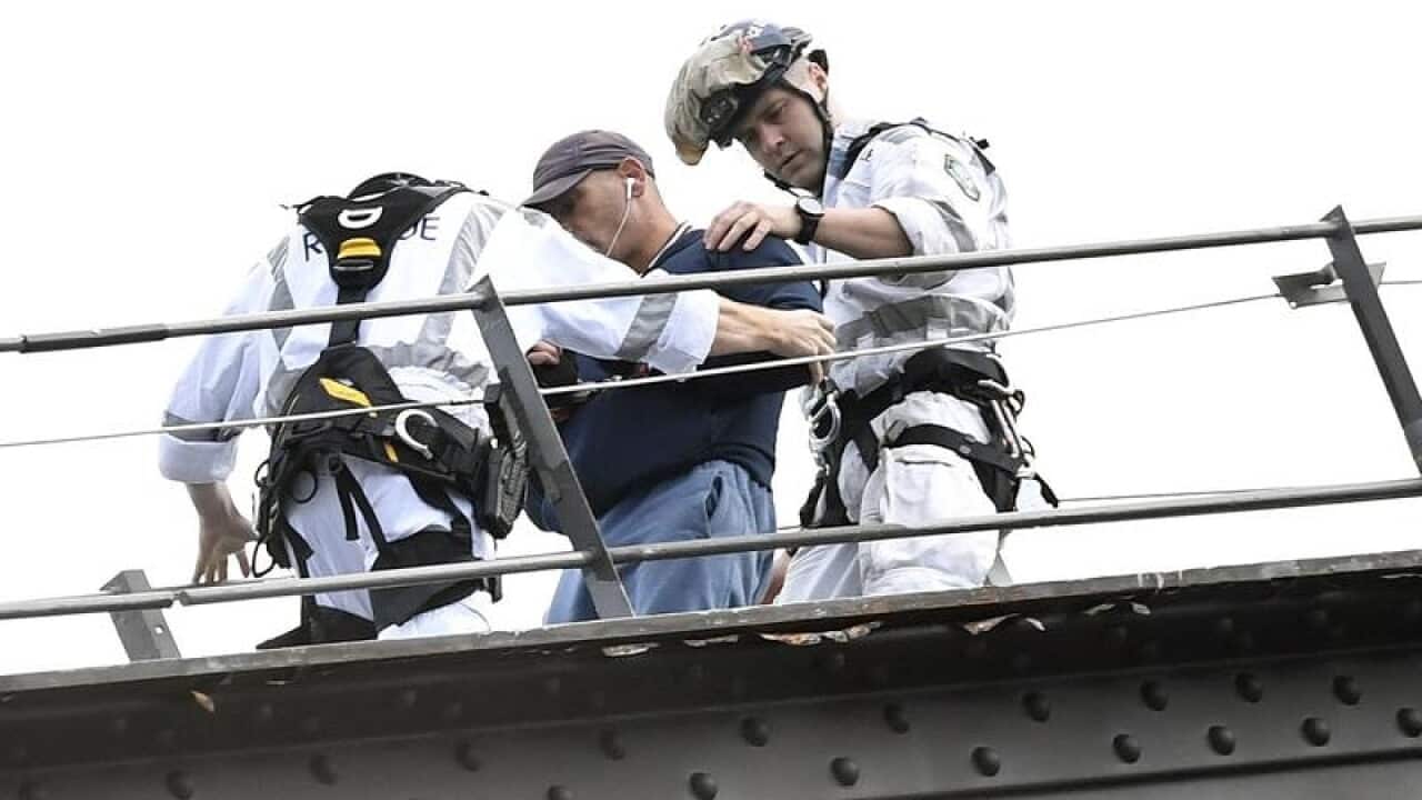 A man is escorted by police after climbing the Sydney Harbour Bridge