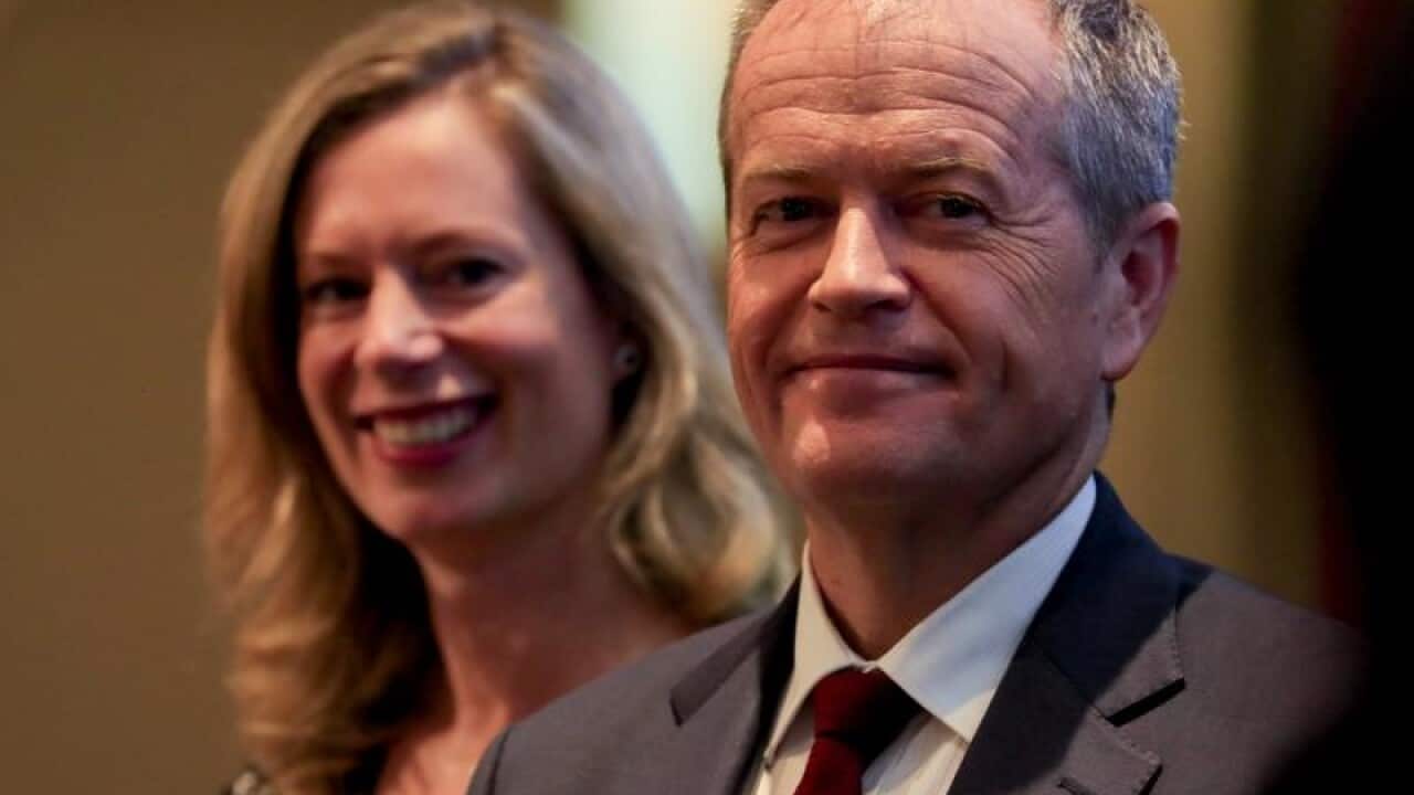 Bill Shorten and Rebecca White at the Tasmanian Labor conference.