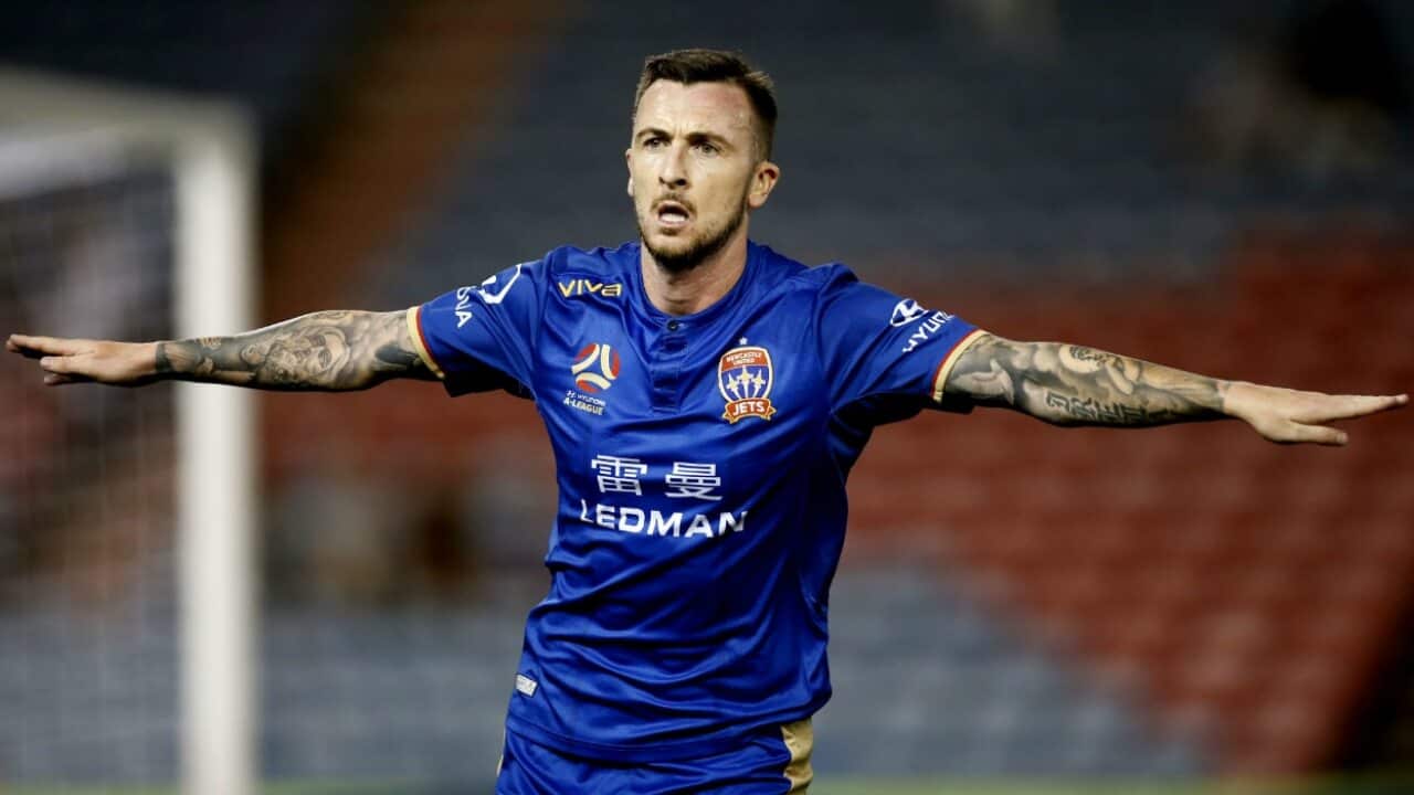 Roy O'Donovan celebrates a goal for the Newcastle Jets