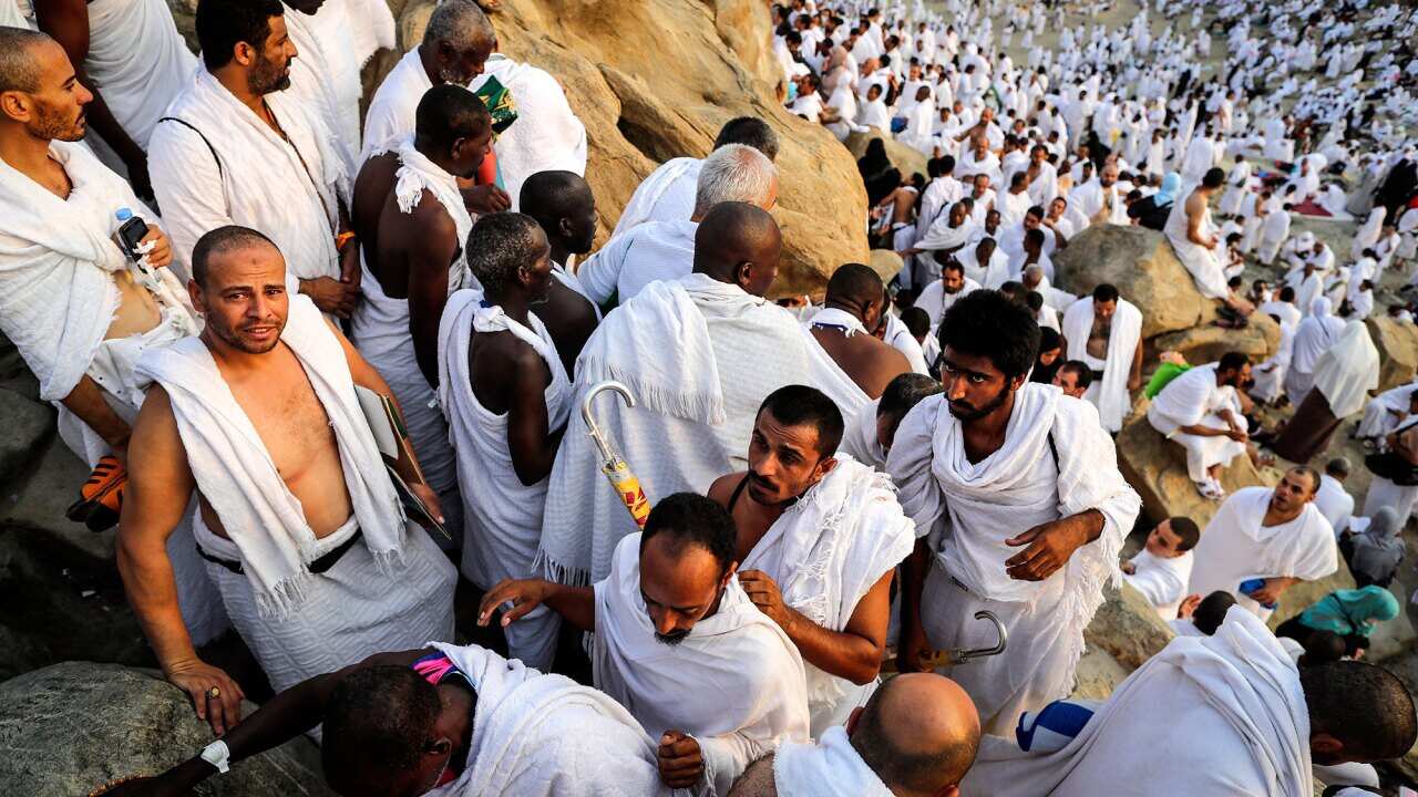 Muslim worshippers climb the Mount of Arafat during the Hajj pilgrimage, near Mecca, Saudi Arabia, 31 August 2017.