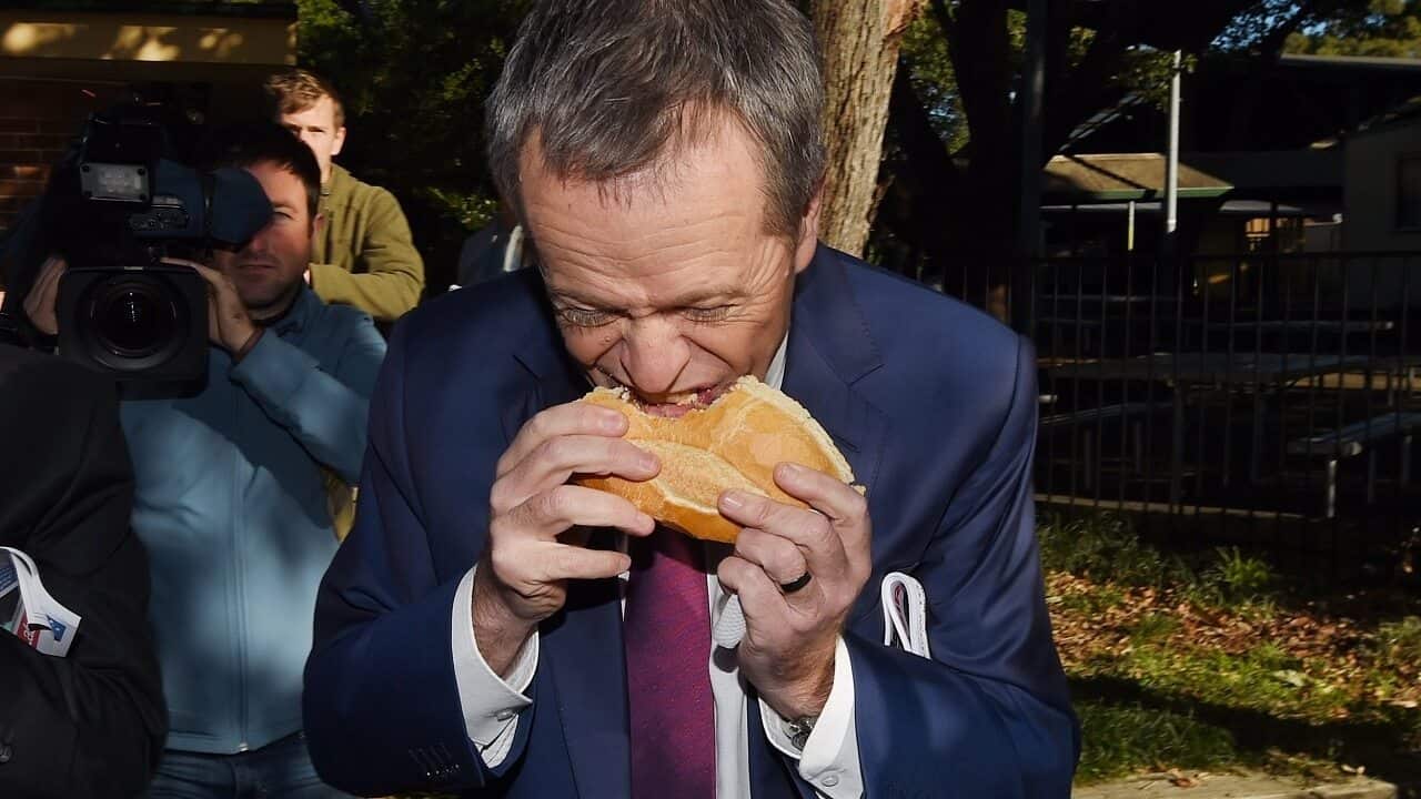 Bill Shorten eats a sausage sandwich on 2016 election day.