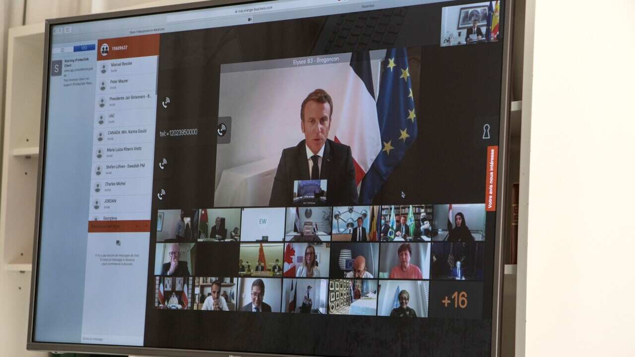 French President Emmanuel Macron video links to world leaders about aid to Lebanon