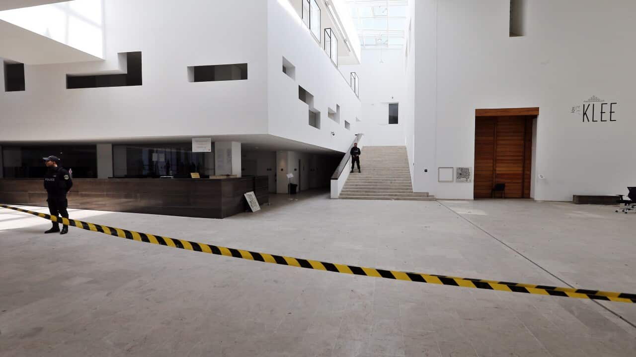 Members of the Tunisian security services stand guard inside the National Bardo museum, Tunis, Tunisia, 19 March 2015. (EPA/MOHAMED MESSARA)