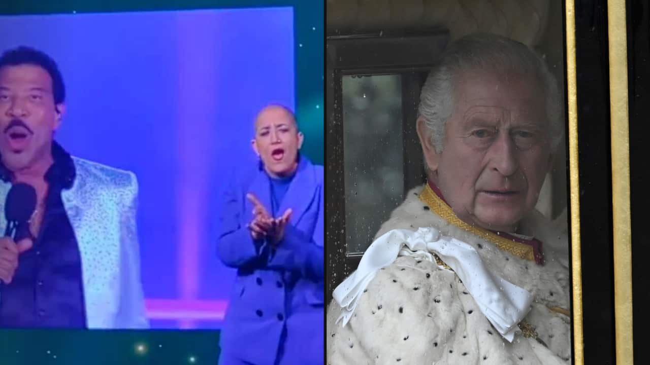 A split image. On the left is a interpreter signing a song. On the right is King Charles seated in a coach.