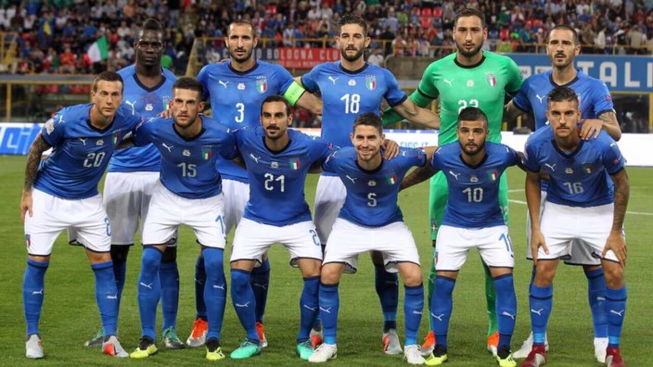 The starting eleven of Italy players pose for a photo before the UEFA Nations League soccer match between Italy and Poland at the Renato Dall'Ara stadium in Bologna, Italy