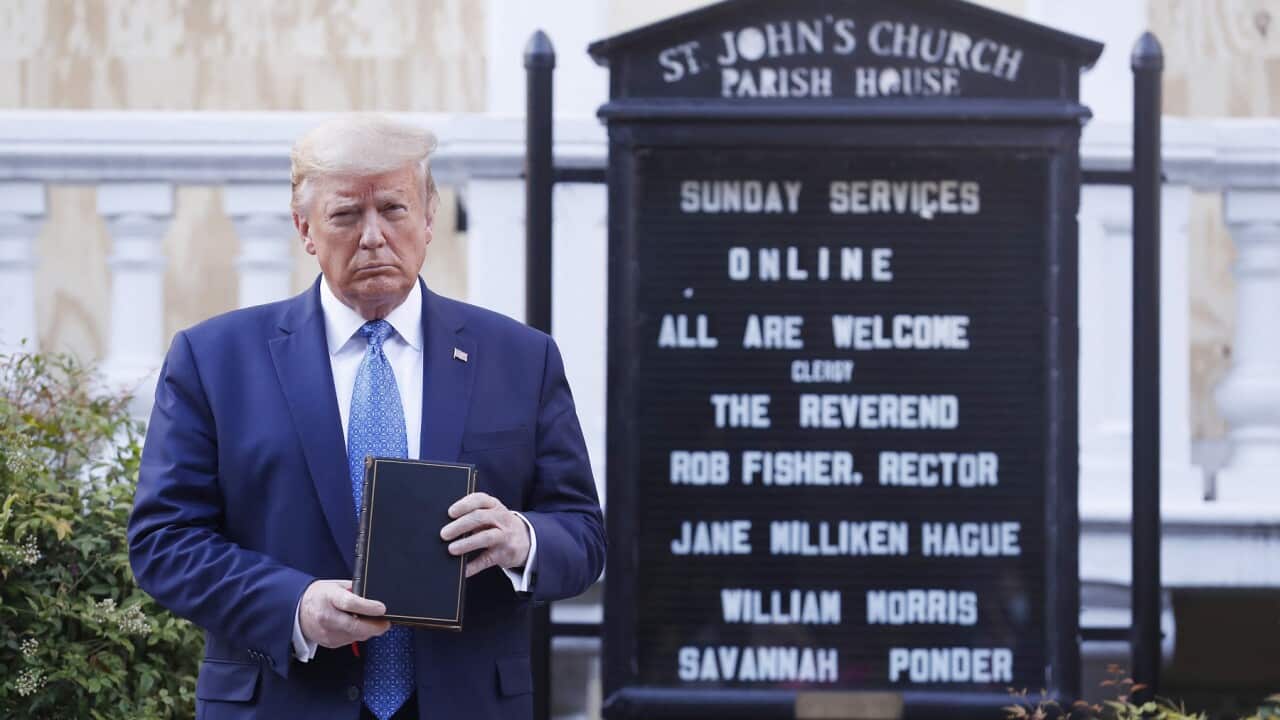 US President Donald J. Trump poses with a bible outside St. John's Episcopal Church after delivering remarks in the Rose Garden at the White House in Washington, DC, USA, 01 June 2020. Trump addressed the nationwide protests following the death of George