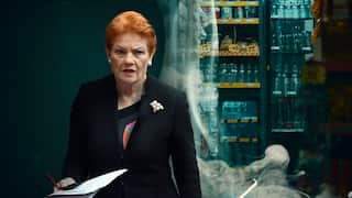A composite image showing Pauline Hanson standing in front of a convenience store backdrop with smoke around the edge.