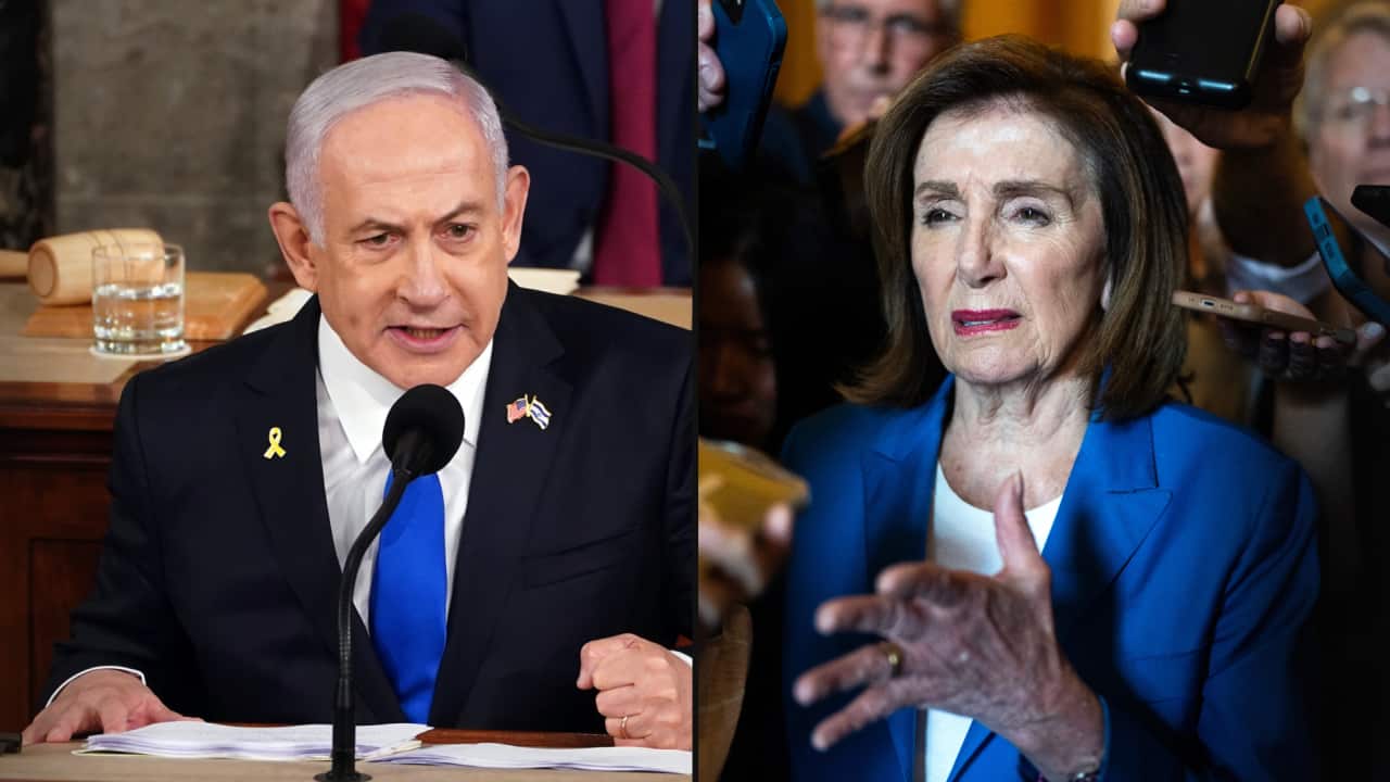A split image with a man with a blue tie talking into a lectern on the left. While a woman in a blue suit grimaces, as phones are held up to her face