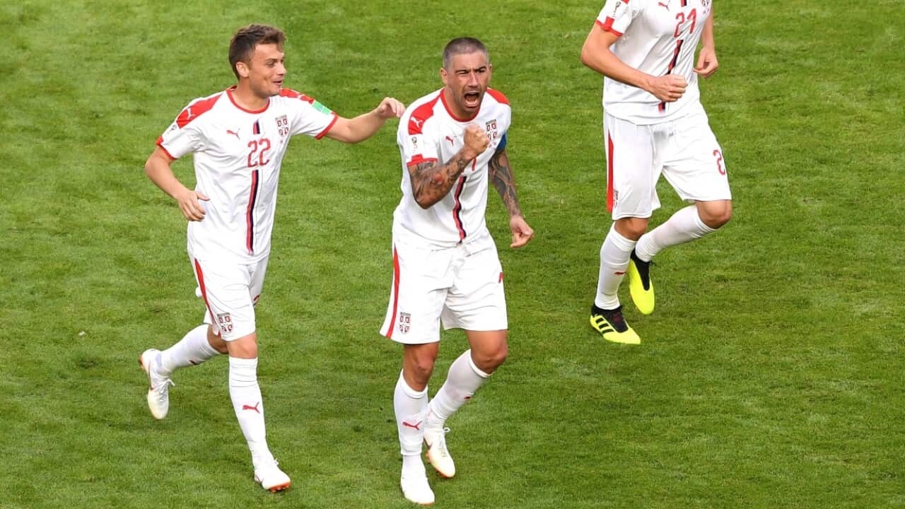 Aleksandar Kolarov of Serbia celebrates after scoring his team's first goal from a free kick during the 2018 FIFA World Cup 