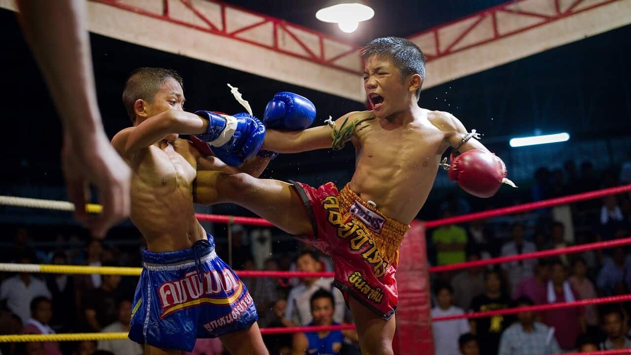 Young muay Thai boxers fight in Thailand.