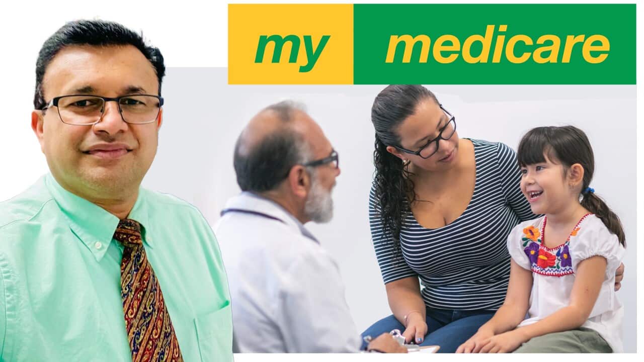 Dr Addul Usham; Background: MyMedicare poster by Medicare