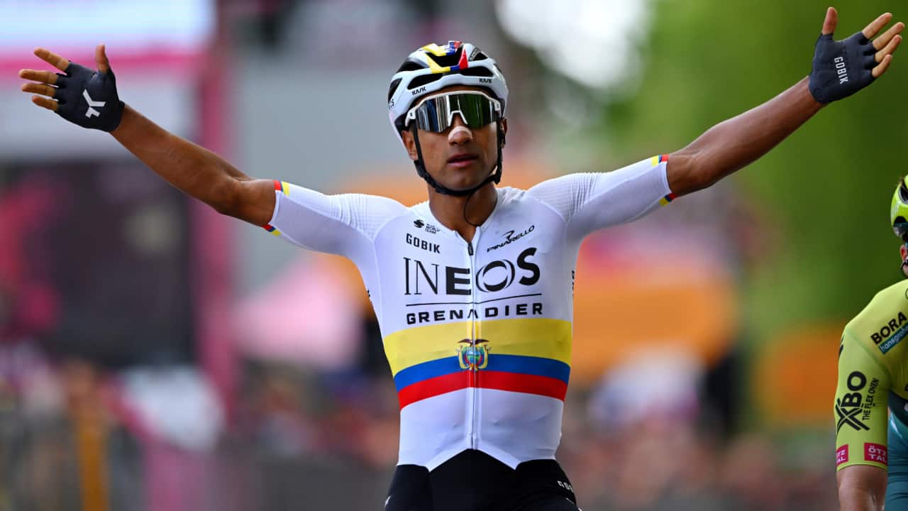 Jhonatan Narvaez of Ineos Grenadiers celebrates after winning Stage 1 of the 2024 Giro d'Italia.