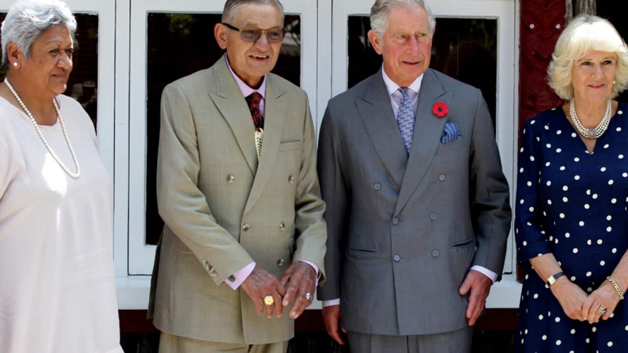 Prince Charles and Camilla are photographed with the Maori king