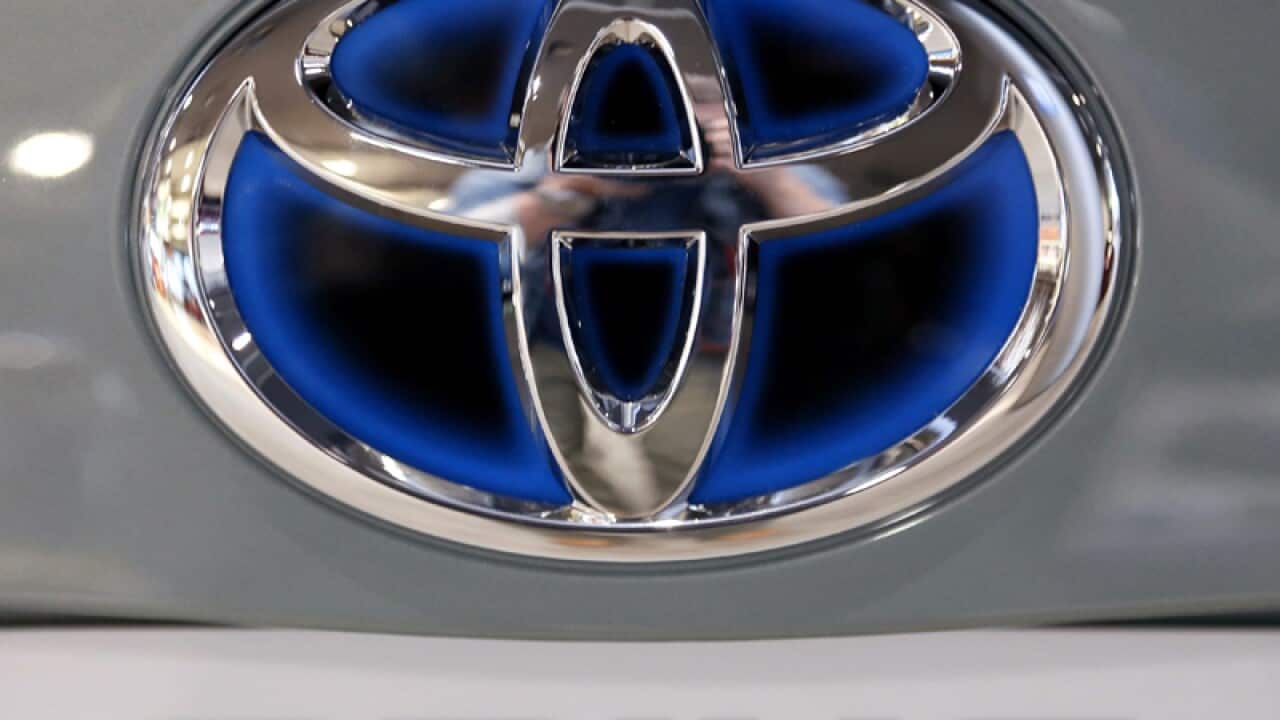 The logo of Toyota Motor Corp. at a showroom in Tokyo, Japan.