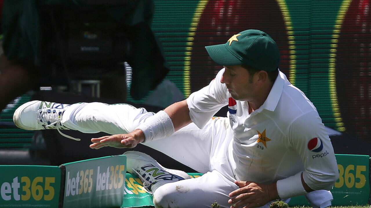 Pakistan's Yasir Shah saves a boundary