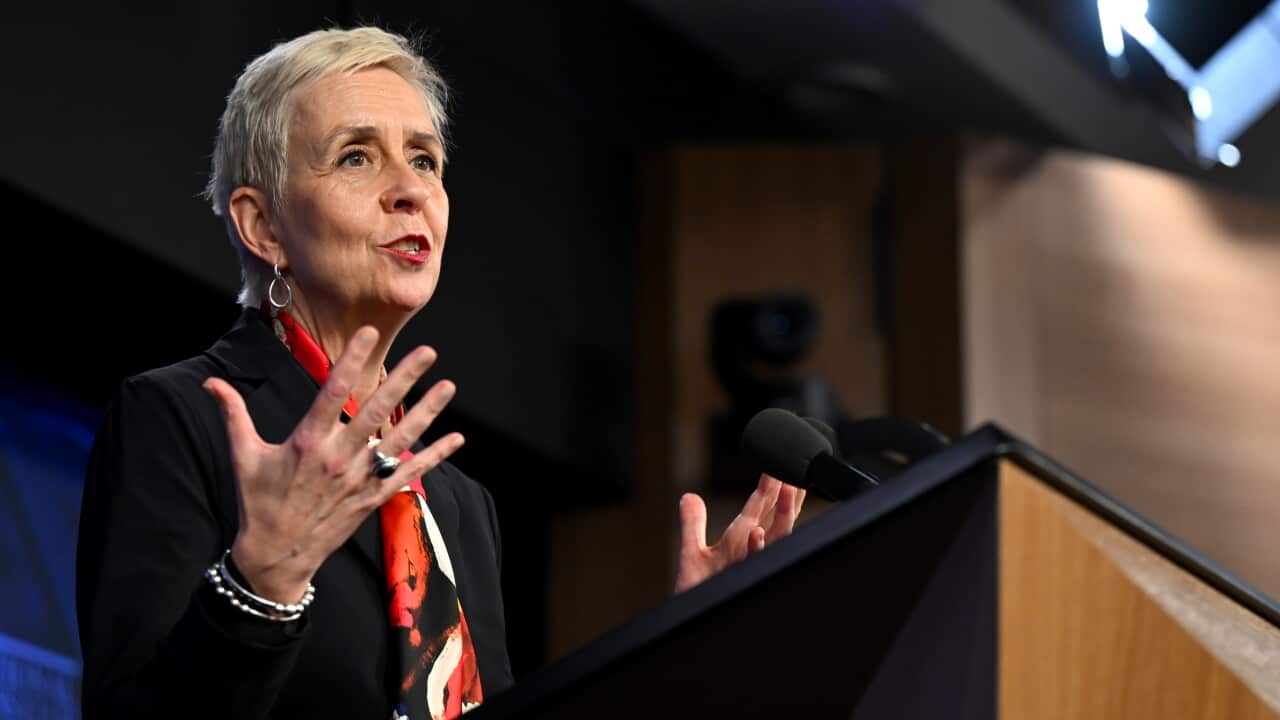 Micaela Cronin standing behind a lectern and speaking wearing a red scarf.