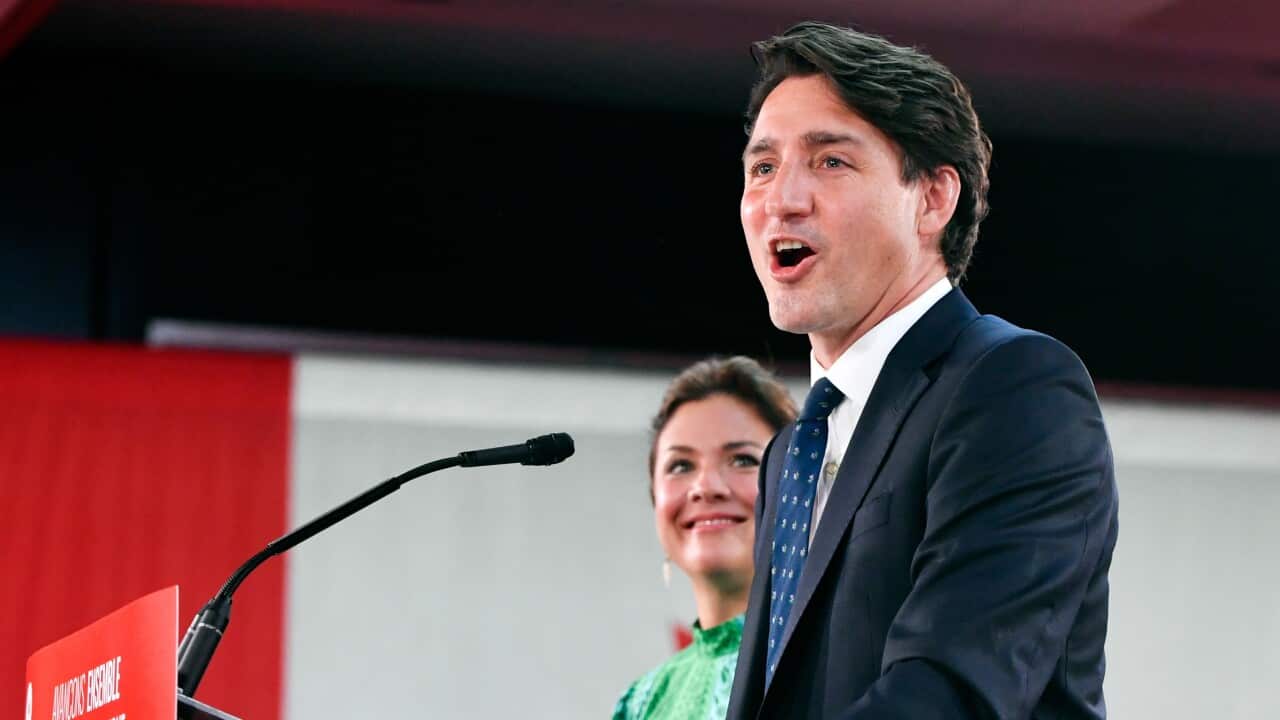 Canadian Prime Minister Justin Trudeau addresses supporters as he celebrates his election victory in Montreal, Quebec, Canada, 20 September 2021.