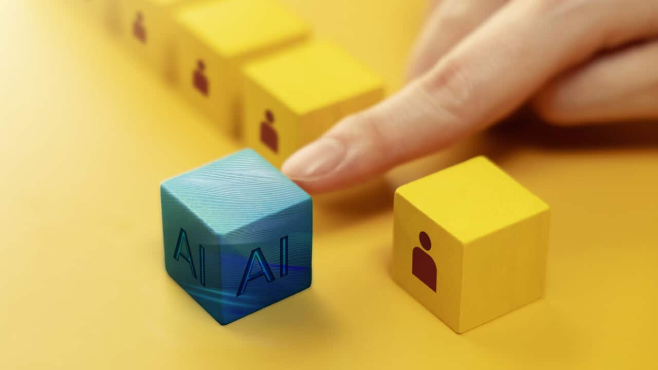 Unemployment Issue Impact from AI Technology Concept. Human Resource Choosing an AI Cube that Stand Out among many Human Worker