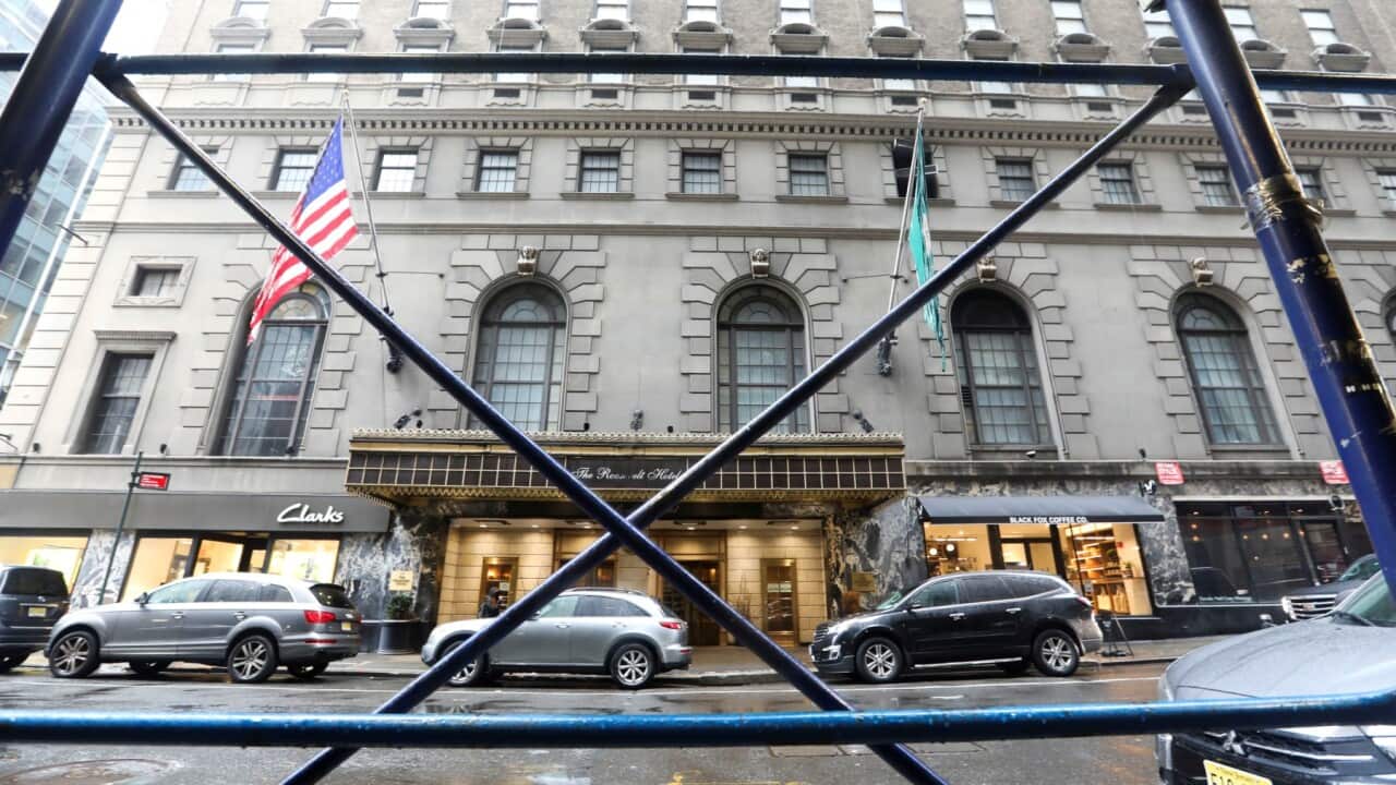 NEW YORK, Oct. 12, 2020 -- Photo taken on Oct. 12, 2020 shows the building of the Roosevelt Hotel in New York, the United States.