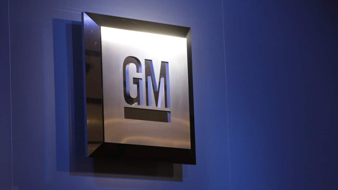 The General Motors logo is on display in Detroit.