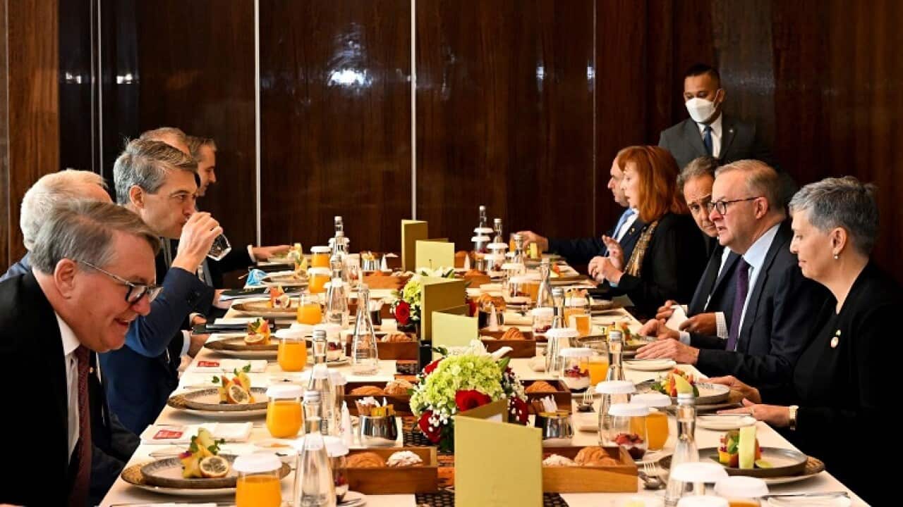 Australian Prime Minister Anthony Albanese attends a business breakfast with members of the Australian business delegation in Jakarta, Indonesia,