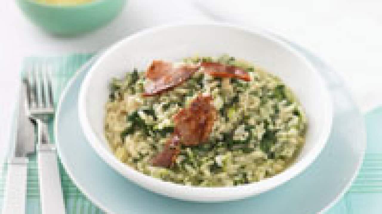 Spinach risotto with crisp pancetta
