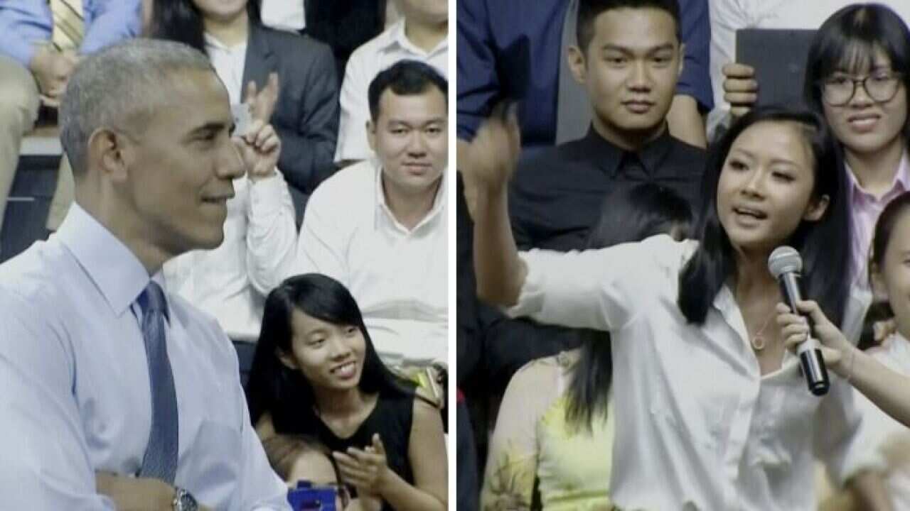 Obama listened to the Vietnamese rapper Suboi at a town hall meeting.
