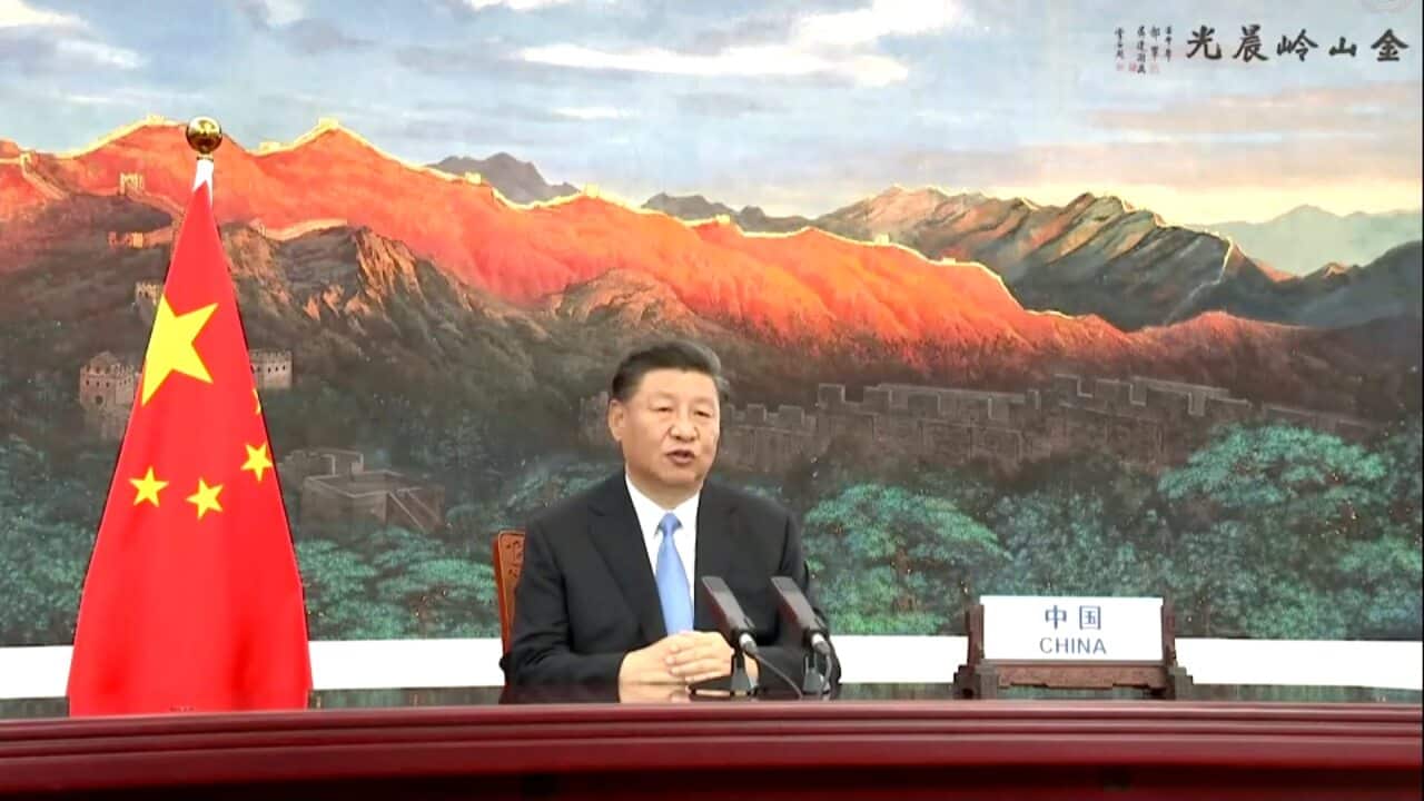 Chinese President Xi Jinping speaks in a pre-recorded message which was played during the 75th session of the UN General Assembly, in New York.
