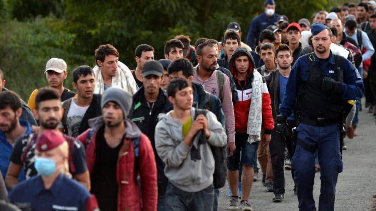 Migrants walk to train station in Hungary