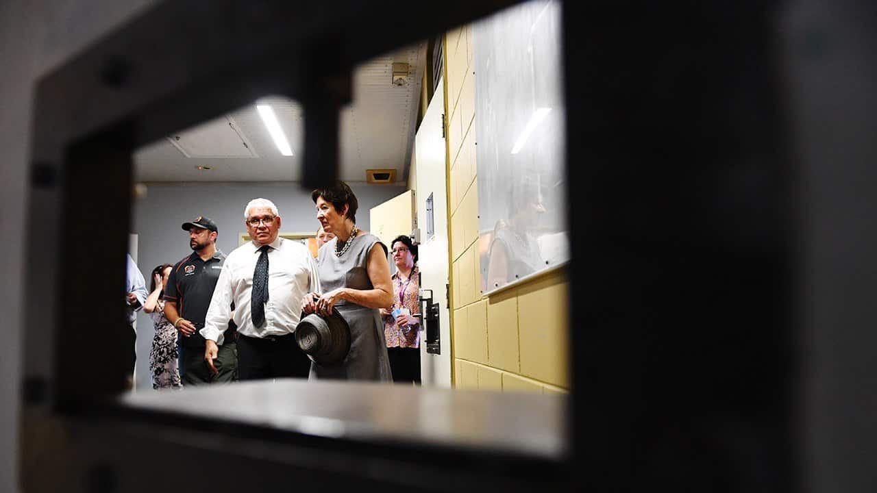 Commissioner Mick Gooda and Commissioner Margaret White during their tour of the former Don Dale Youth Detention facilities in the Northern Territory, Wednesday, Dec. 7, 2016. (AAP Image/News Corp Pool, Elise Derwin) NO ARCHIVING, EDITORIAL USE ONLY
