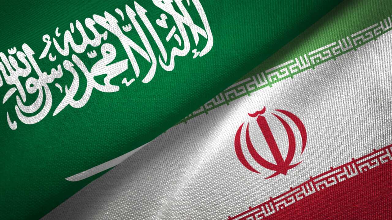 Iran and Saudi Arabia two flags together realations textile cloth fabric texture