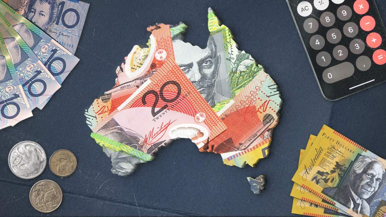 A graphic of a map of Australia covered in money.