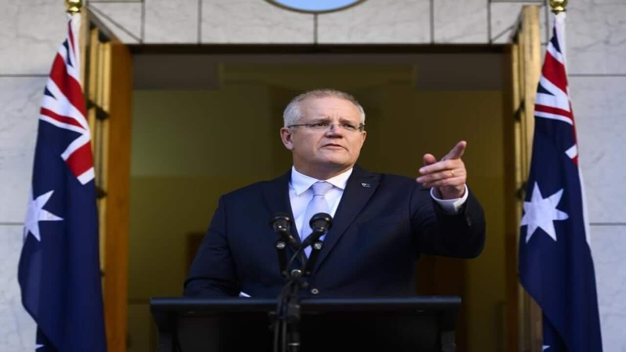 Scott Morrison announces his cabinet in the Prime Ministers Courtyard.