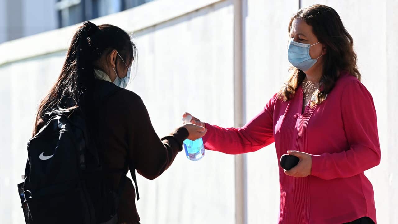 A student applies hand sanitiser in NSW