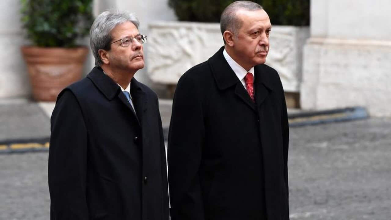 Turkey's President Recep Tayyip Erdogan is welcomed by Italy's Prime minister Paolo Gentiloni on February 5, 2018 at the Chigi Palace in Rome, Italy. Photo: Eric Vandeville/ABACAPRESS.COM.