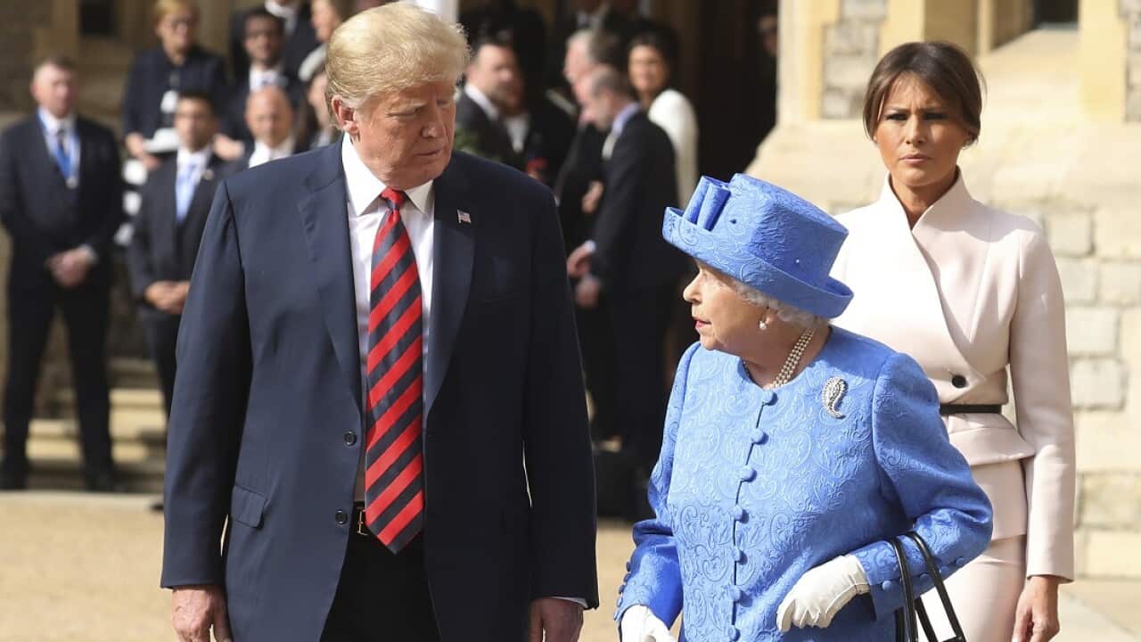 Queen Elizabeth II, Donald Trump and Melania Trump at Windsor Castle.