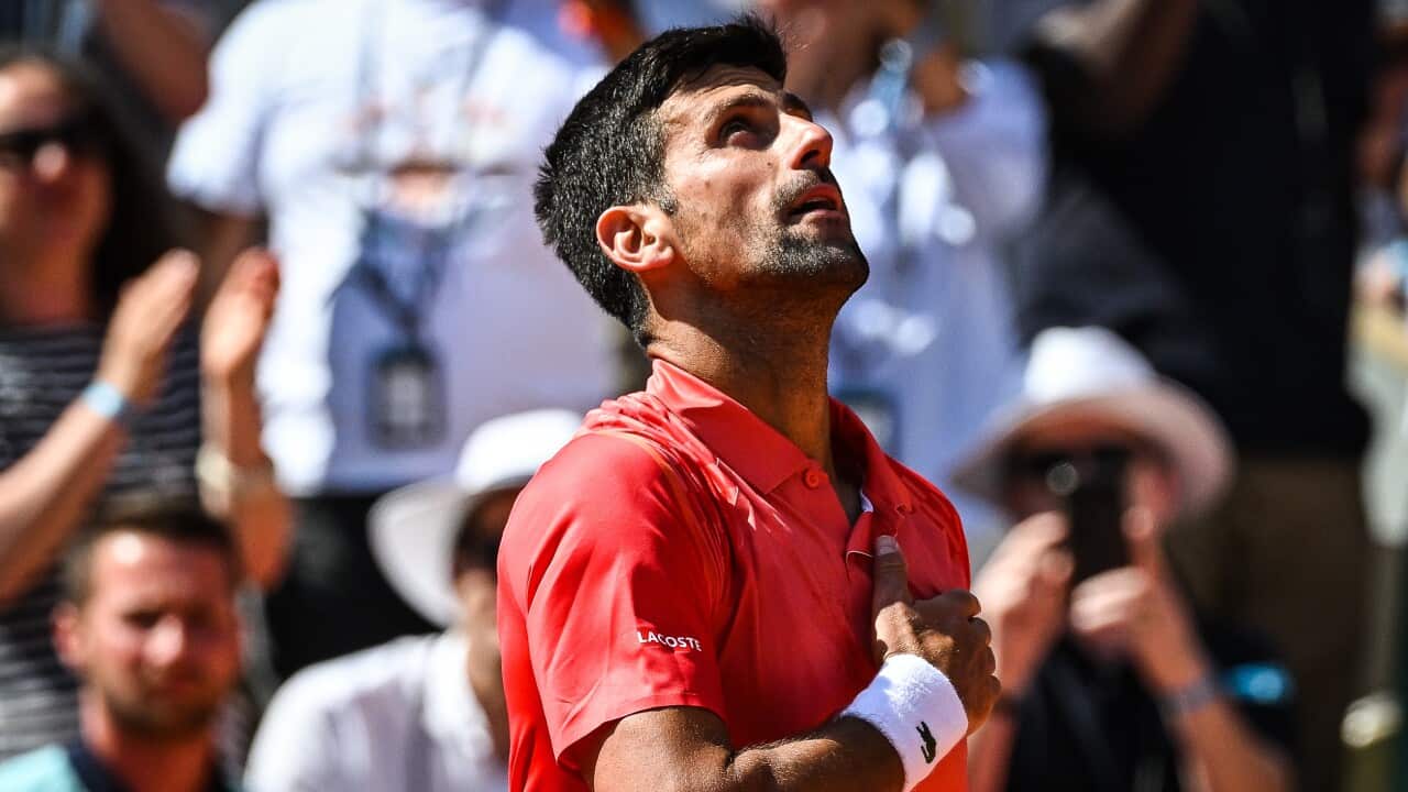 Novak Dјokovic of Serbia reacts after his victory against Aleksandar Kovacevic at Roland Garros 2023 in Paris