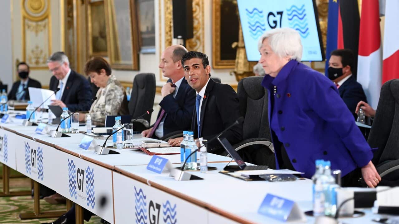 British Chancellor of the Exchequer Rishi Sunak (2-R) welcomes G7 Finance Ministers to Lancaster House during the G7 meeting in London, Britain, 4 June 2021.