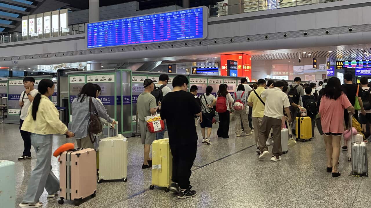 A queue of people with suitacases at an airoirt