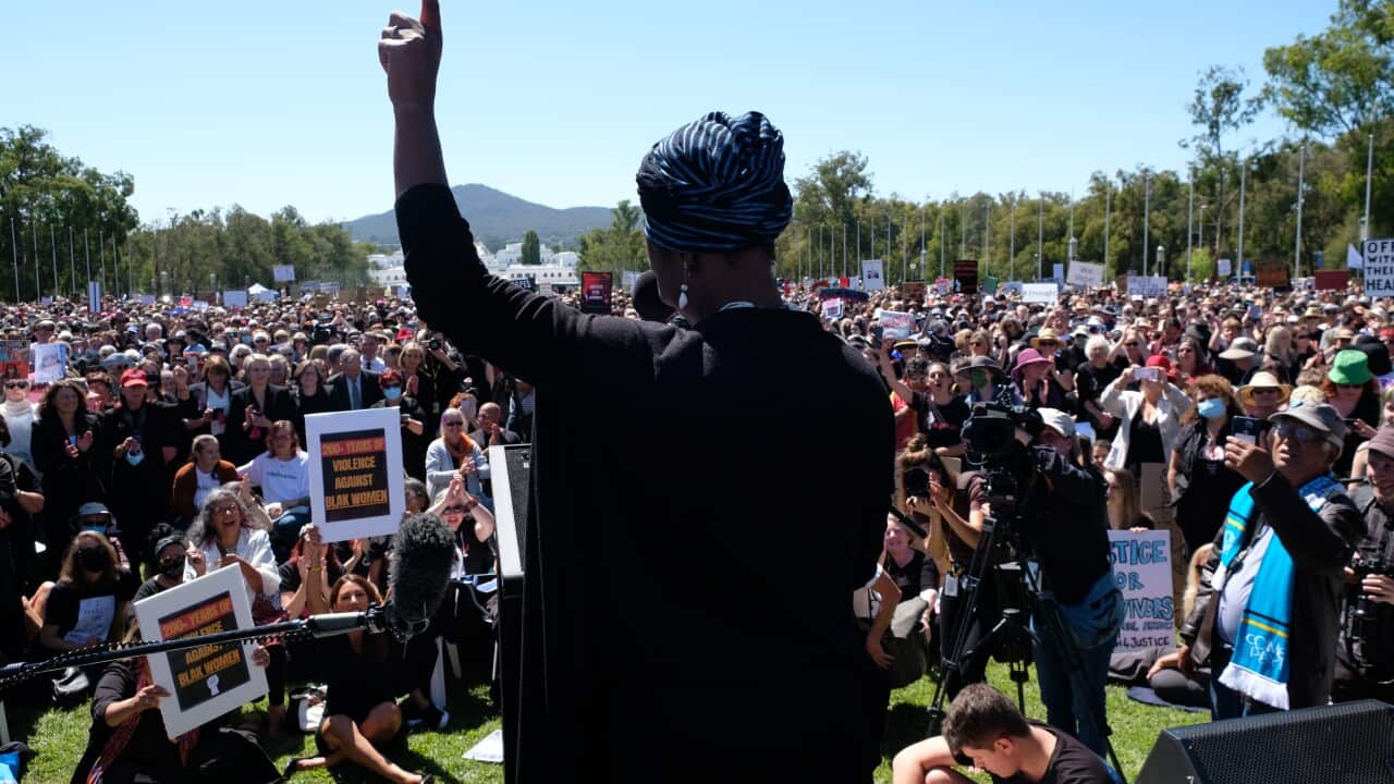 Women's March 4 Justice in Canberra, 15 Maret 2021.