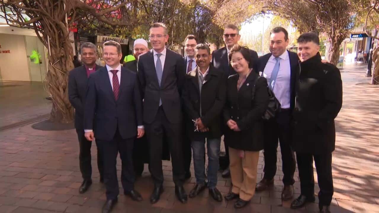 NSW Premier Dominic Perrotet and stakeholders at the funding launch (SBS)