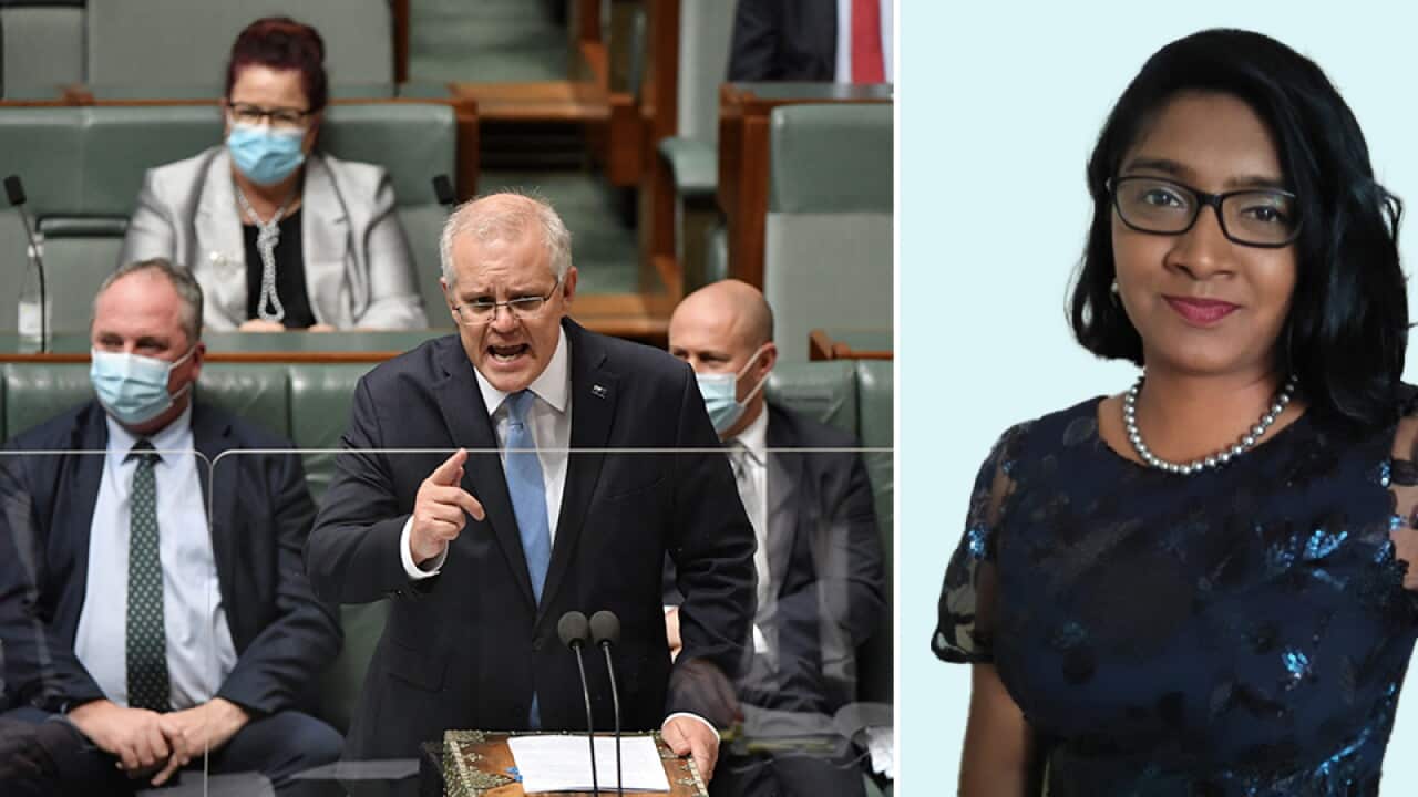 Prime Minister Scott Morrison during Question Time in the House Of Representatives at Parliament House in Canberra, Thursday, December 2, 2021. (AAP Image/Mick Tsikas)